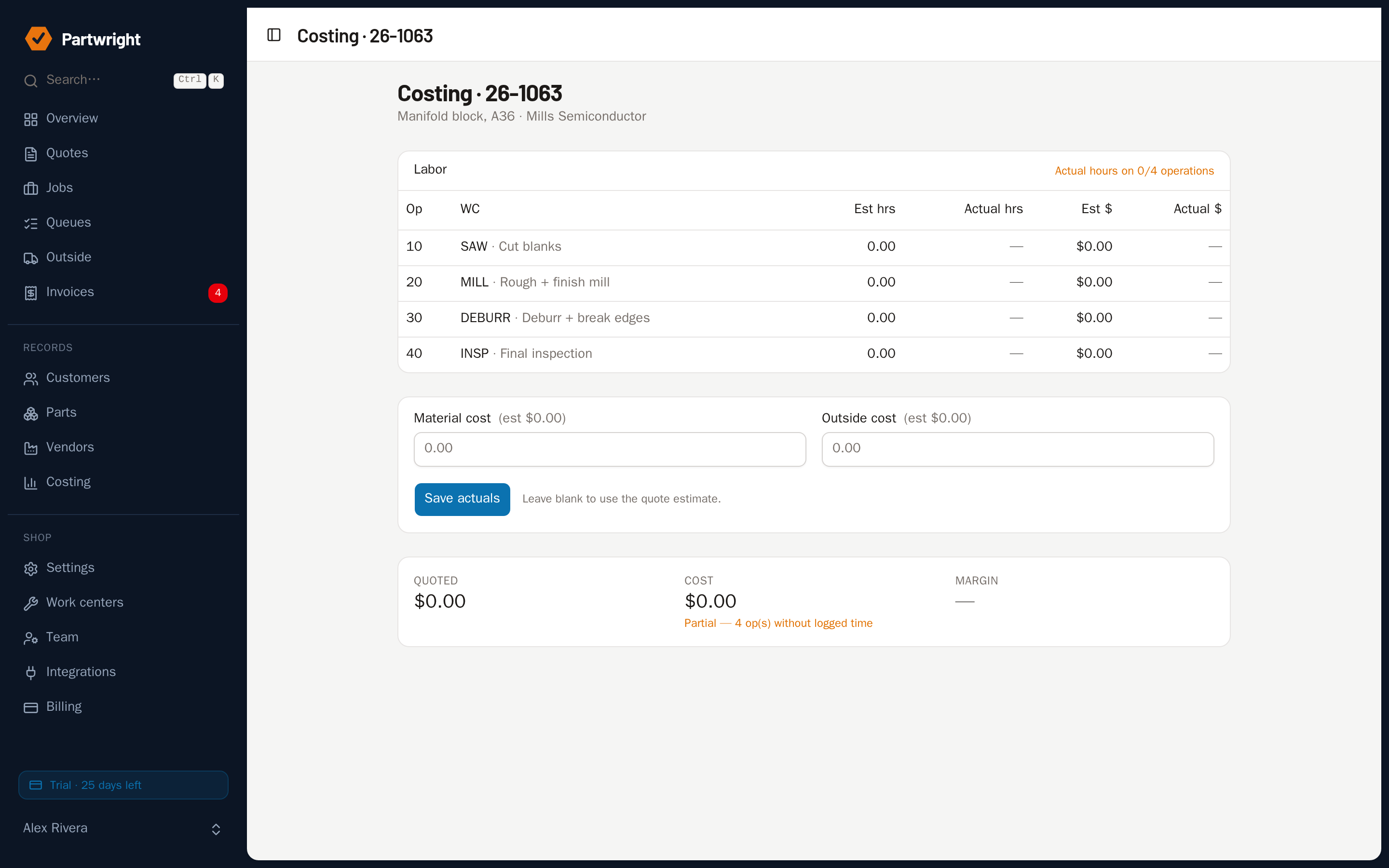 The job costing tab showing quoted versus actual per operation, with coverage noted